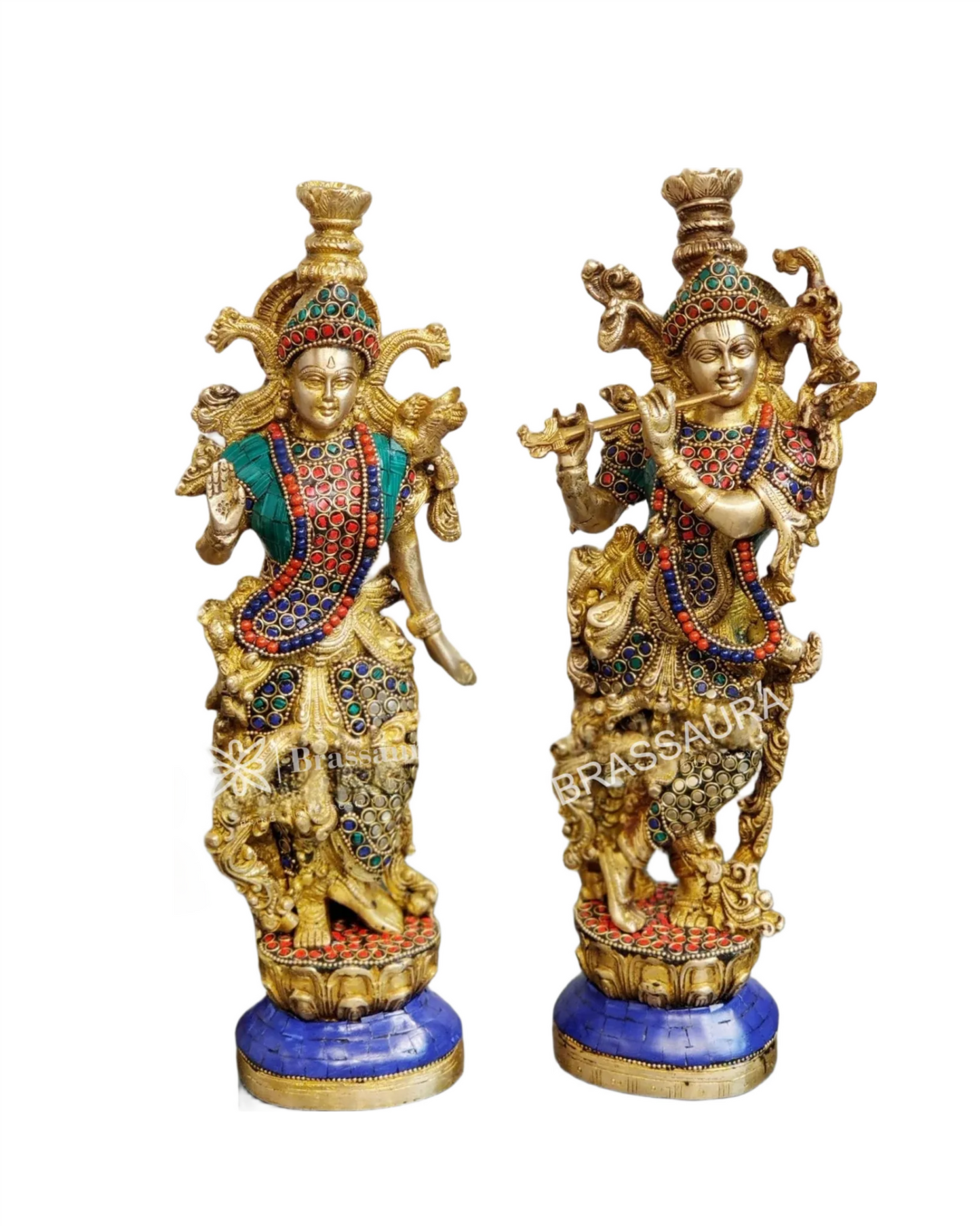 Brassaura™ Handcrafted Brass Radha Krishna Statue Pair with Natural Stones & Brass Rings – Height 14 Inches & Weight 8.5 Kgs | Elegant Devotional Idol