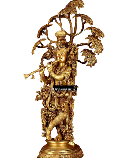 Brassaura™ Superfine Brass Krishna under Tree Sculpture – Height 35 Inches & Weight 32 Kgs