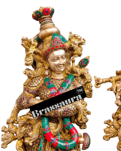 Brassaura™ Handcrafted Brass Radha Krishna Idol Pair with Double-Layered Meenakari – Height 29 & 28 Inches & Weight 33 Kgs | Elegant Devotional Statue