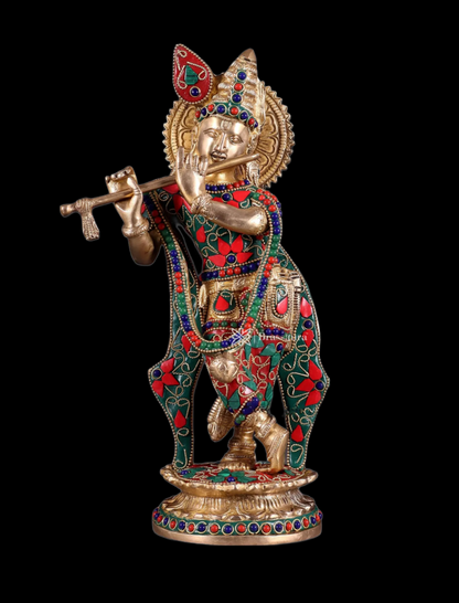 Brassaura™ Pure Brass Lord Krishna Idol with Floral Stonework – Height 11 Inches & Weight 2.75 Kgs