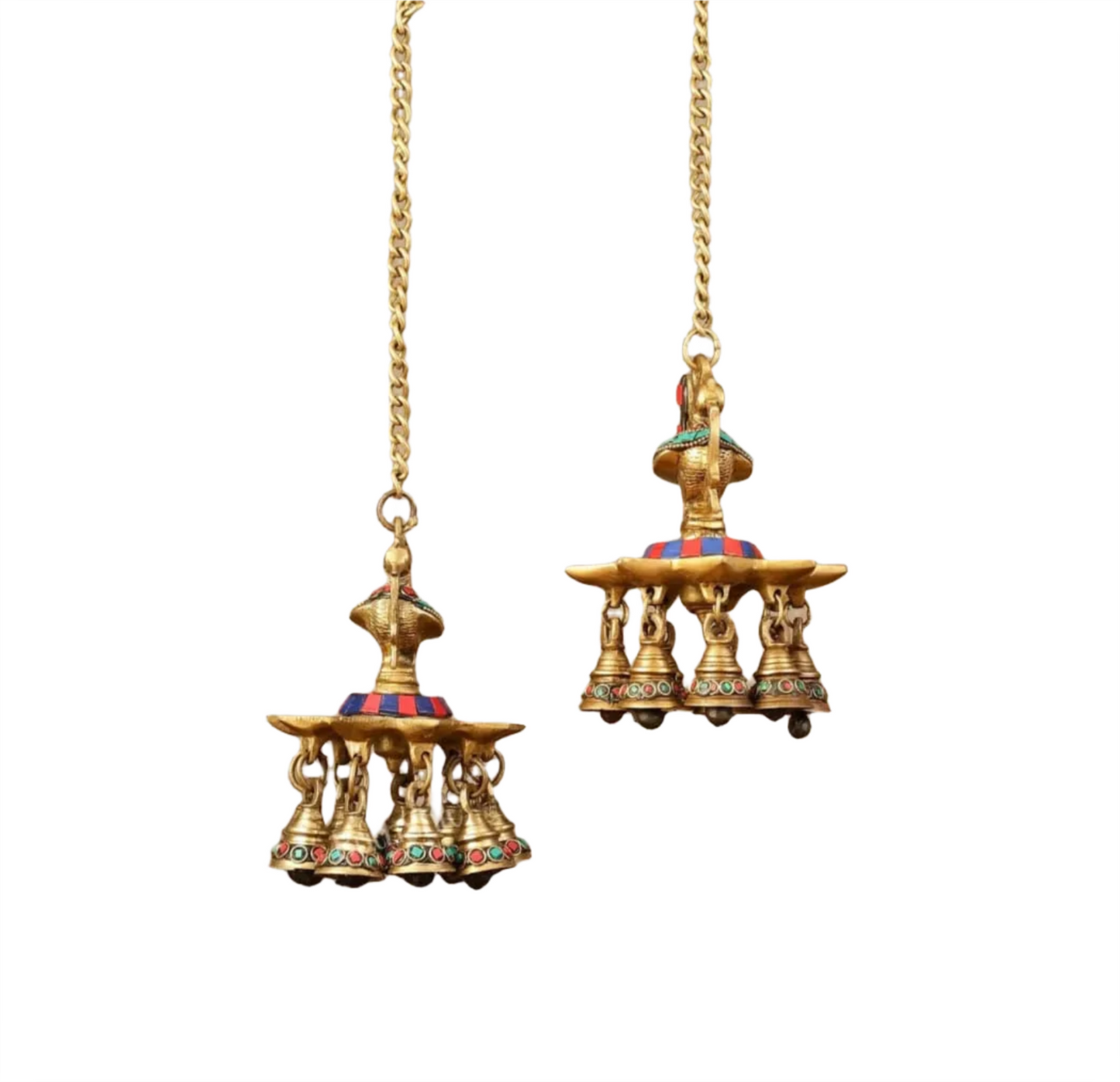 Brassaura™ Pair of Brass Hanging Peacock Diyas with Stonework – Height 6 Inches | Hanging Lamps with Bells & Chain, 2.5 Kgs