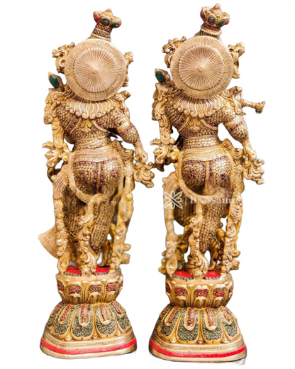 Brassaura™ Handcrafted Brass Radha Krishna Idol Pair with Double-Layered Meenakari – Height 29 & 28 Inches & Weight 33 Kgs | Elegant Devotional Statue