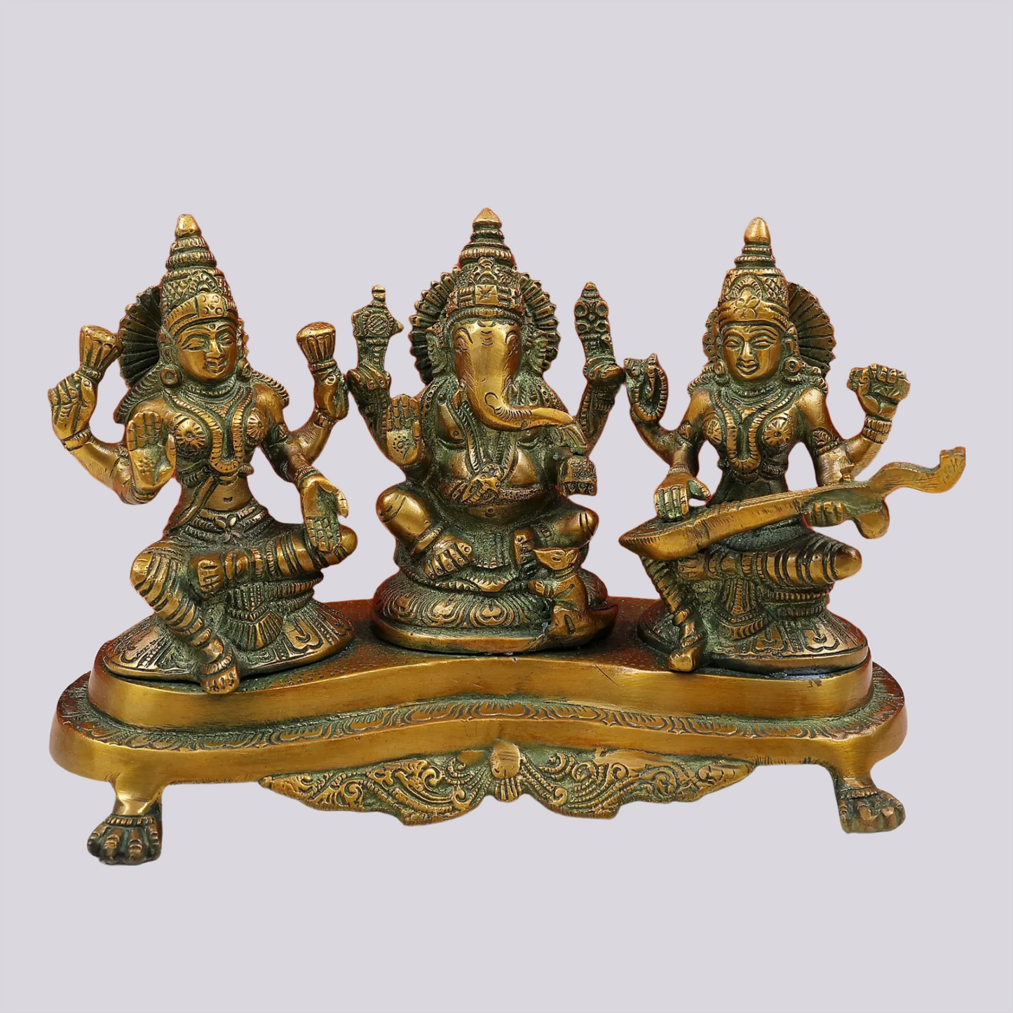 Brassaura® Lakshmi Ganesha Saraswati Trio | Brass Statue | Height 6 Inches & Weight 3 kgs