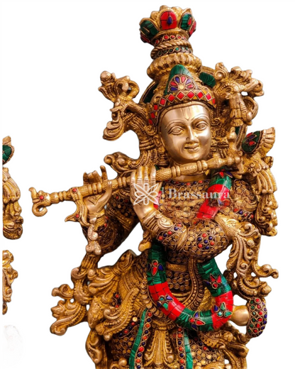 Brassaura™ Handcrafted Brass Radha Krishna Idol Pair with Double-Layered Meenakari – Height 29 & 28 Inches & Weight 33 Kgs | Elegant Devotional Statue