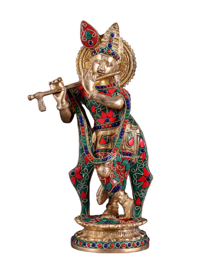 Brassaura™ Pure Brass Lord Krishna Idol with Floral Stonework – Height 11 Inches & Weight 2.75 Kgs