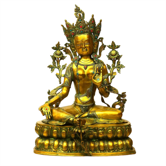 Brassaura® Tara Devi Sentada com Pedestal Ornamental | Latão Puro com Acabamento Envelhecido | Altura 86,5 cm e Peso 38,34 kg