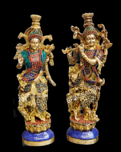 Brassaura™ Handcrafted Brass Radha Krishna Statue Pair with Natural Stones & Brass Rings – Height 14 Inches & Weight 8.5 Kgs | Elegant Devotional Idol
