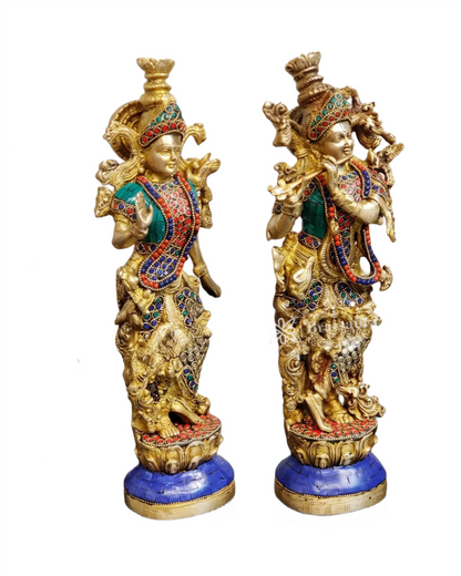 Brassaura™ Handcrafted Brass Radha Krishna Statue Pair with Natural Stones & Brass Rings – Height 14 Inches & Weight 8.5 Kgs | Elegant Devotional Idol