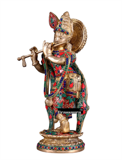 Brassaura™ Pure Brass Lord Krishna Idol with Floral Stonework – Height 11 Inches & Weight 2.75 Kgs
