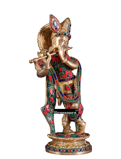 Brassaura™ Pure Brass Lord Krishna Idol with Floral Stonework – Height 11 Inches & Weight 2.75 Kgs