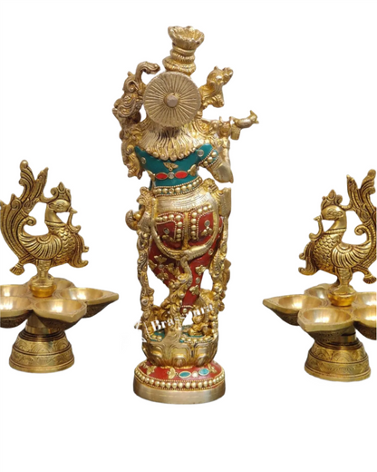 Brassaura™ Handcrafted Brass Radha Krishna Statue Pair with Natural Stones & Brass Rings – Height 14 Inches & Weight 8.5 Kgs | Elegant Devotional Idol