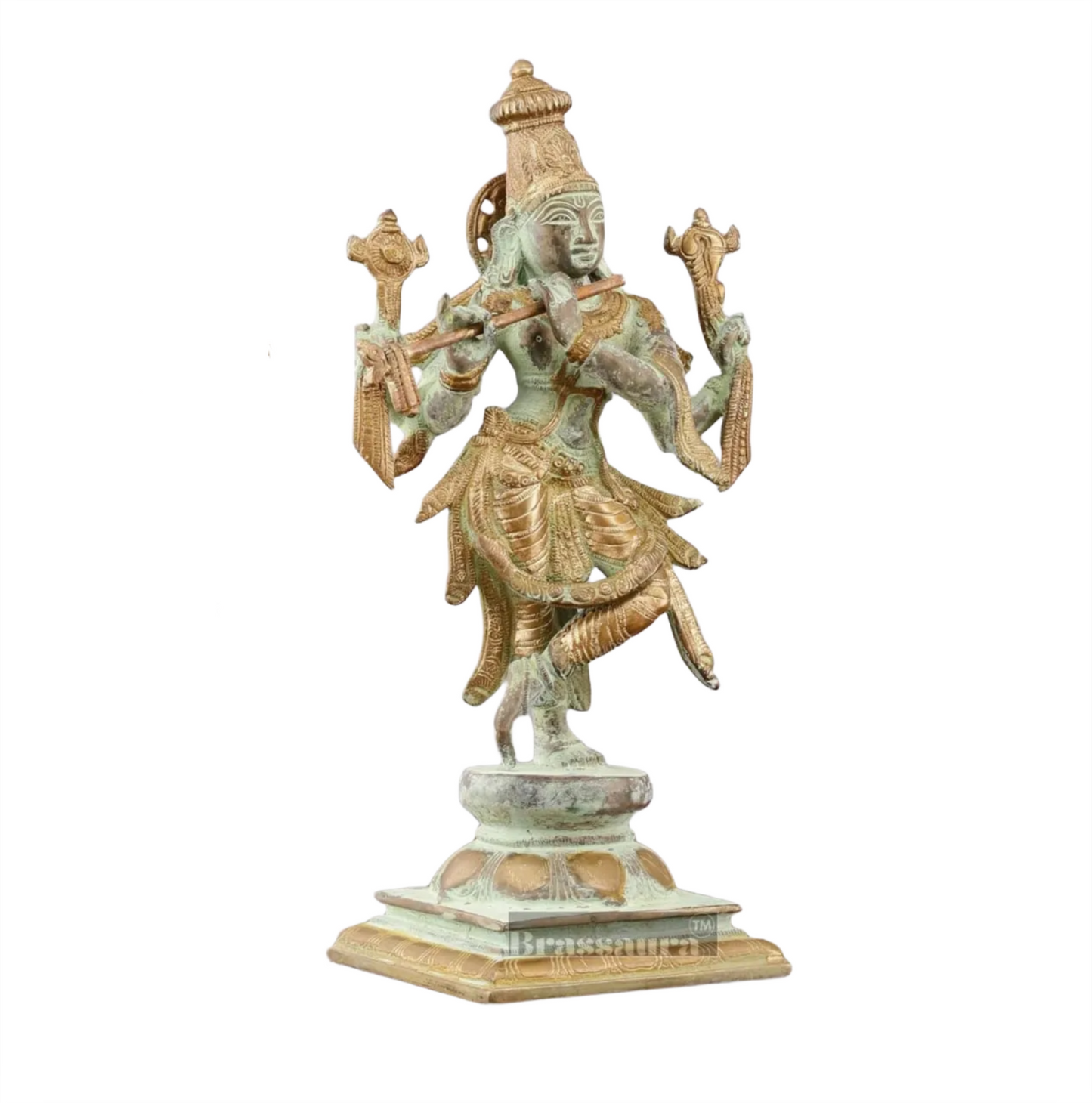 BrassAura™ Brass Krishna Roopam Vishnu Sculpture – Sand Blast Finish | Height 12 Inch | Weight 3.9 Kg