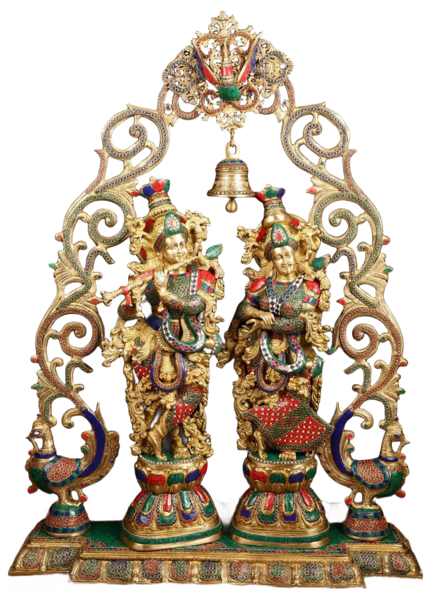 Brassaura™ Brass Radha Krishna Statue with Peacock Temple Arch – 45 Inch Height, 67 Kg | Meenakari Hindu Temple Decor