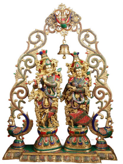 Brassaura™ Brass Radha Krishna Statue with Peacock Temple Arch – 45 Inch Height, 67 Kg | Meenakari Hindu Temple Decor