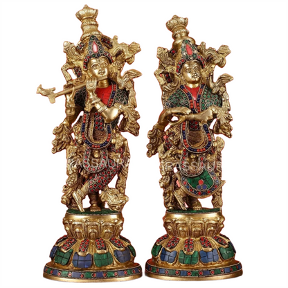Brassaura™ Brass Radha Krishna Idol Pair with Multicolored Meenakari – Height 15 Inches & Weight 10 Kgs | Elegant Devotional Statue