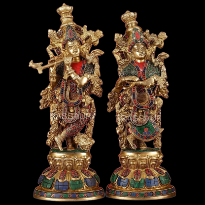 Brassaura™ Brass Radha Krishna Idol Pair with Multicolored Meenakari – Height 15 Inches & Weight 10 Kgs | Elegant Devotional Statue