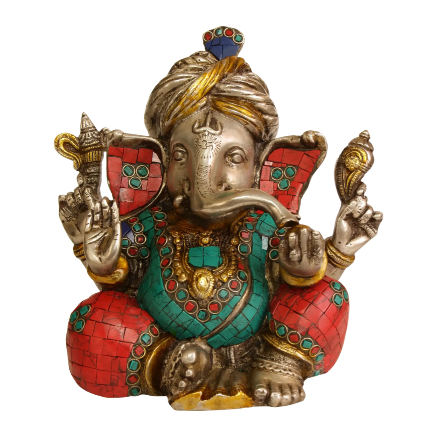 Brassaura™ Ornate Turban Ganesha with Multicolor Inlay | Brass Sculpture | Height 8 Inches & Weight 3.70 kgs