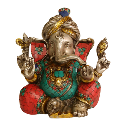 Brassaura™ Ornate Turban Ganesha with Multicolor Inlay | Brass Sculpture | Height 8 Inches & Weight 3.70 kgs
