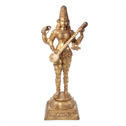 Brassaura® Standing Goddess Saraswati Brass Statue | Height 51.97 Inches & Weight 47.50 kgs