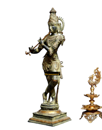 BrassAura™ Brass Krishna Statue – Green Algae Finish | Height 35 Inch | Weight 19 Kg