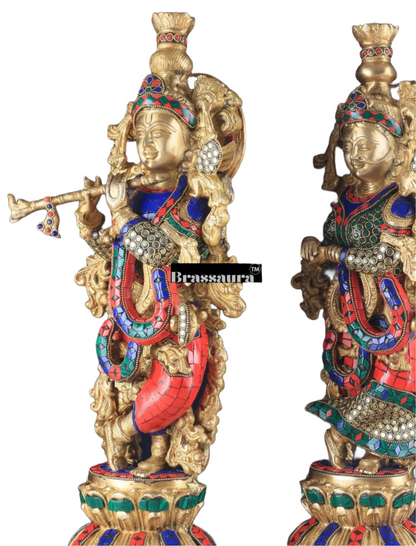Brassaura™ Pure Brass Radha Krishna Statue with Rings & Natural Stones – Height 21 Inches & Weight 18 Kgs | Devotional Idol