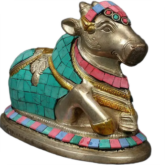 Brassaura™ Brass Nandi Statue with Inlay Work | Height 6 Inches & Weight 2.05 kg