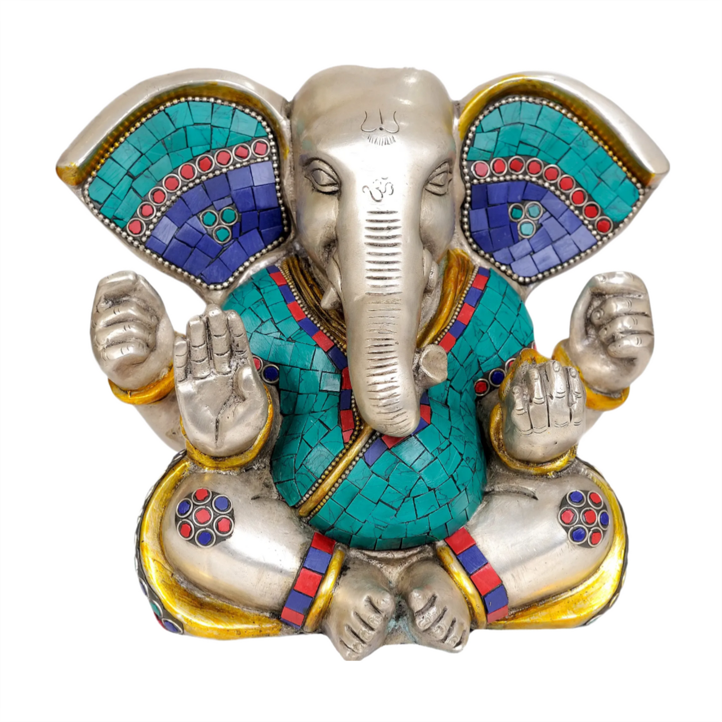 Brassaura® Silver Finish Ganesha with Turquoise Inlay | Brass Sculpture | Height 7.5 Inches & Weight 4.62 kgs