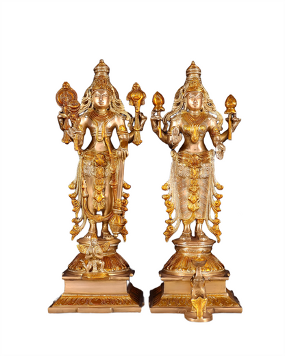 Brassaura™ Pure Brass Standing Vishnu Idol Set – 9.5kg, 14-Inch – Chola-Style Lord Vishnu, Lakshmi with Elephant & Garuda in Dual-Tone Gold Finish