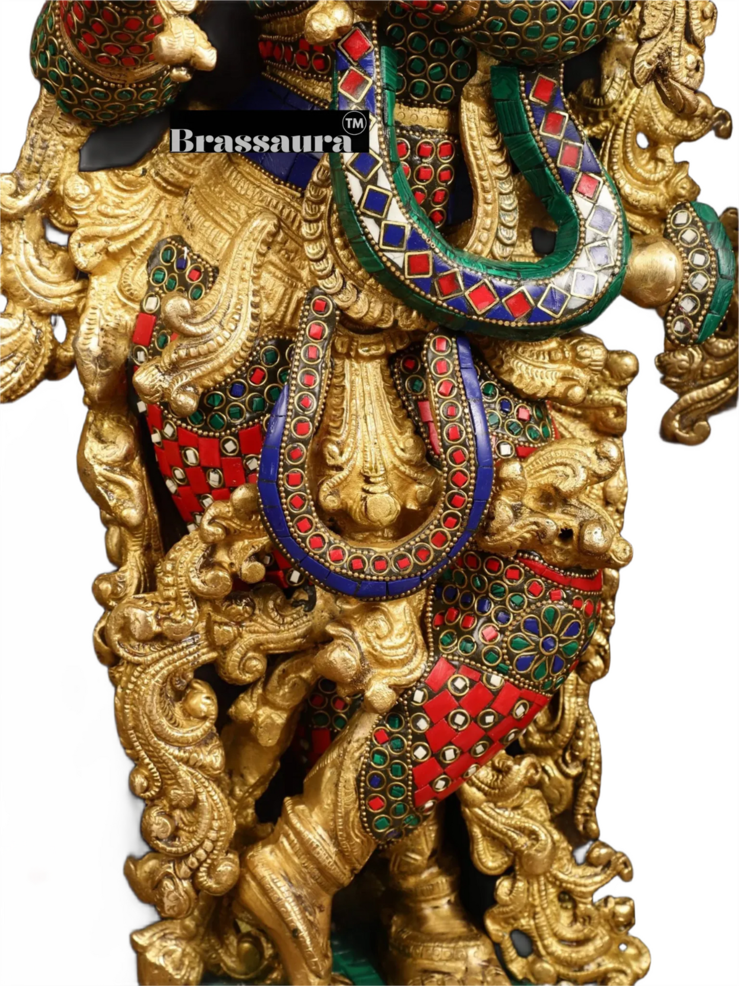 Brassaura™ Brass Radha Krishna Statue with Peacock Temple Arch – 45 Inch Height, 67 Kg | Meenakari Hindu Temple Decor