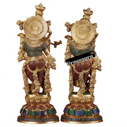 Brassaura™ Brass Radha Krishna Idol Pair with Multicolored Meenakari – Height 15 Inches & Weight 10 Kgs | Elegant Devotional Statue