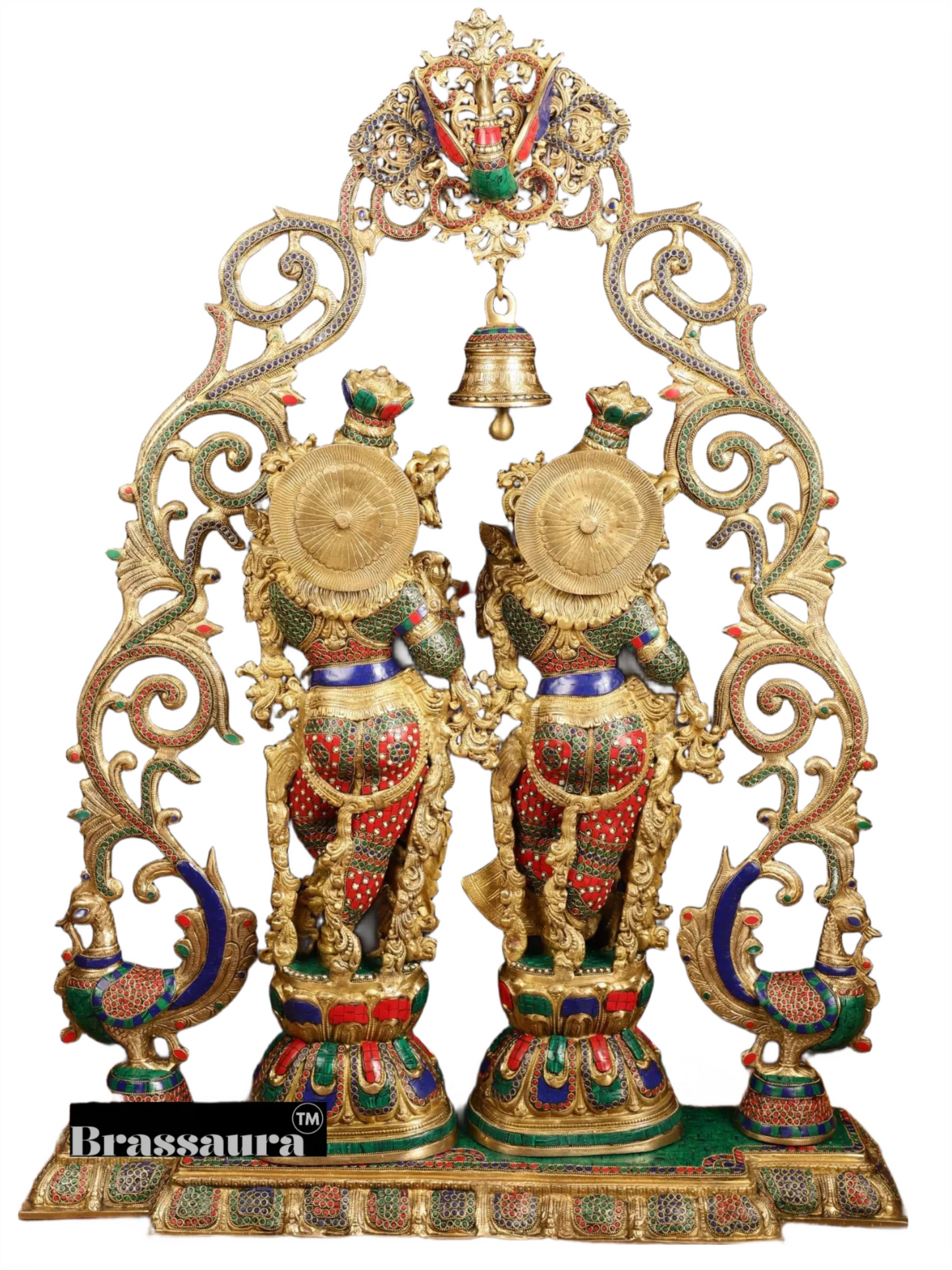 Brassaura™ Brass Radha Krishna Statue with Peacock Temple Arch – 45 Inch Height, 67 Kg | Meenakari Hindu Temple Decor