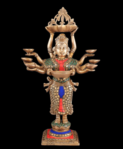 Brassaura™ Brass Deep Lakshmi Idol with Ten Hands – Height 15 Inches | Handcrafted Goddess Statue, 4 Kgs