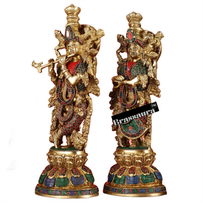 Brassaura™ Brass Radha Krishna Idol Pair with Multicolored Meenakari – Height 15 Inches & Weight 10 Kgs | Elegant Devotional Statue