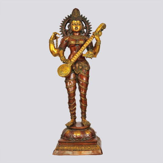 Brassaura® Standing Goddess Saraswati with Veena | Brass Statue | Height 52 Inches & Weight 51 kgs