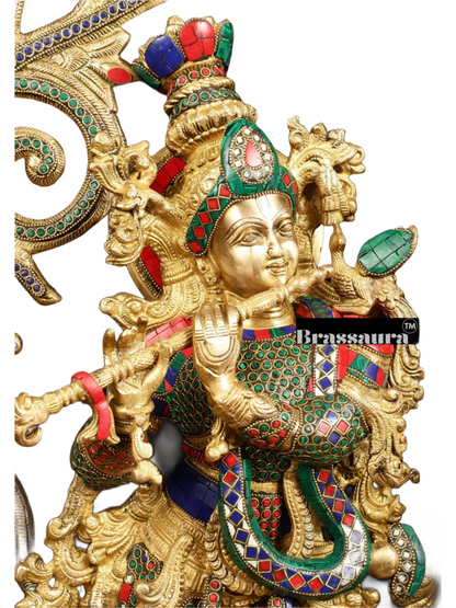 Brassaura™ Brass Radha Krishna Statue with Peacock Temple Arch – 45 Inch Height, 67 Kg | Meenakari Hindu Temple Decor