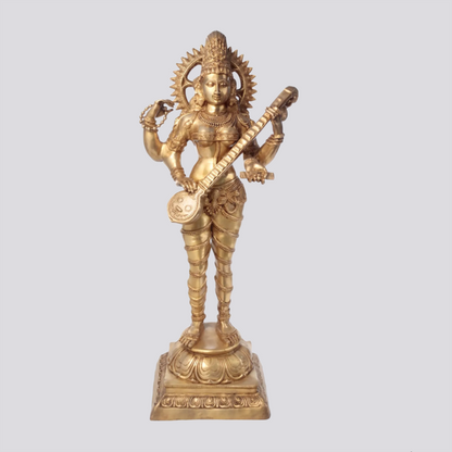 Brassaura® Standing Goddess Saraswati with Veena | Brass Statue | Height 52 Inches & Weight 51 kgs