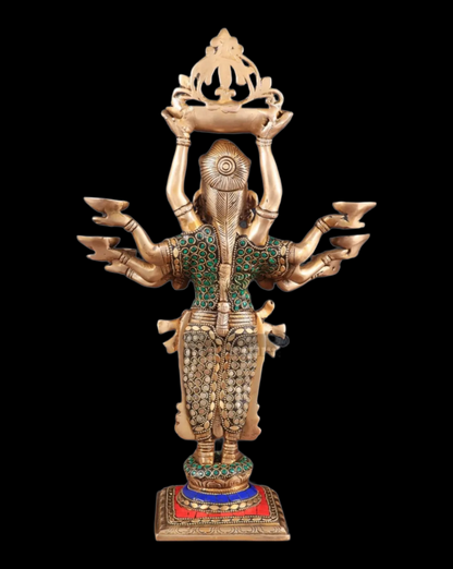 Brassaura™ Brass Deep Lakshmi Idol with Ten Hands – Height 15 Inches | Handcrafted Goddess Statue, 4 Kgs