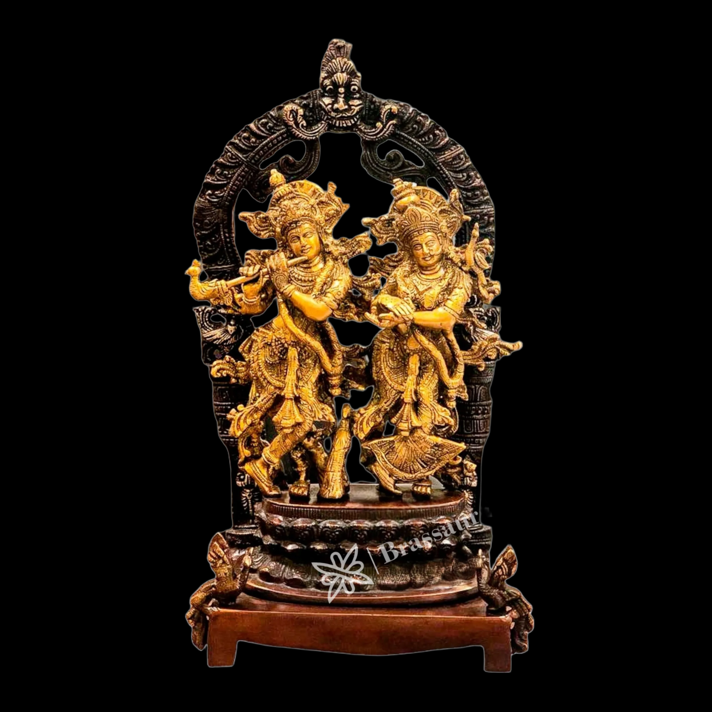 Brassaura™ Brass Radha Krishna Idol Pair with Peacocks & Prabhavali Arch – Height 17.5 Inches & Weight 10 Kgs | Elegant Devotional Sta