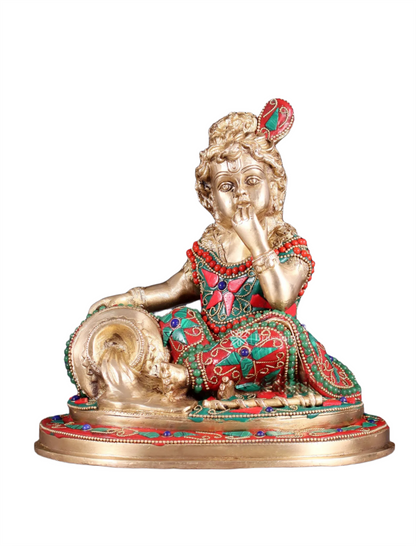Brassaura™ Pure Brass Baby Krishna Makhan Chor Idol with Meenakari Stonework – Height 8 Inches & Weight 3.5 Kgs