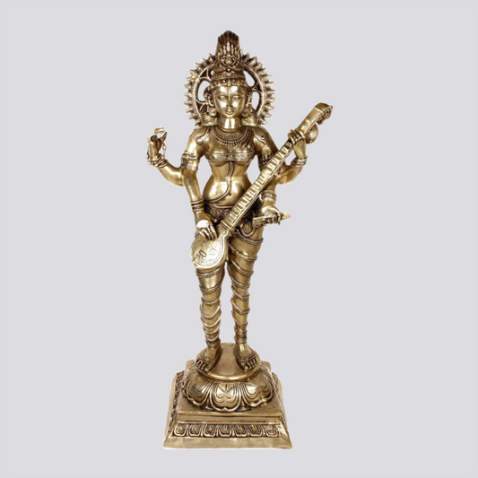 Brassaura® Standing Goddess Saraswati with Veena | Brass Statue | Height 52 Inches & Weight 51 kgs