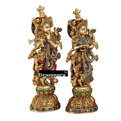 Brassaura™ Brass Radha Krishna Statues – 21 Inch Height, 18 Kg Pair | Handcrafted Indian Home Decor