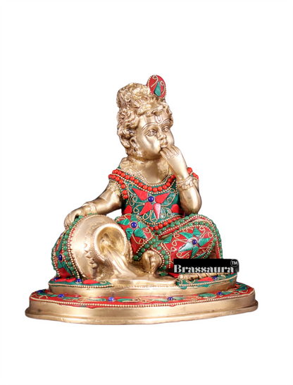 Brassaura™ Pure Brass Baby Krishna Makhan Chor Idol with Meenakari Stonework – Height 8 Inches & Weight 3.5 Kgs