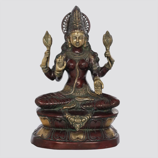 Brassaura™ Seated Lakshmi Devi | Brass Statue with Dual Lotus | Height 17.1 Inches & Weight 10.50 kgs