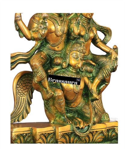 Brassaura™ Brass Idol of Lord Vishnu and Goddess Lakshmi on Garuda – 5.5kg, 12-Inch – Intricately Detailed Antique Patina Finish