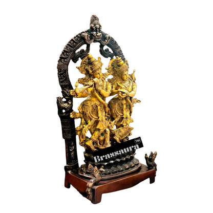 Brassaura™ Brass Radha Krishna Idol Pair with Peacocks & Prabhavali Arch – Height 17.5 Inches & Weight 10 Kgs | Elegant Devotional Sta