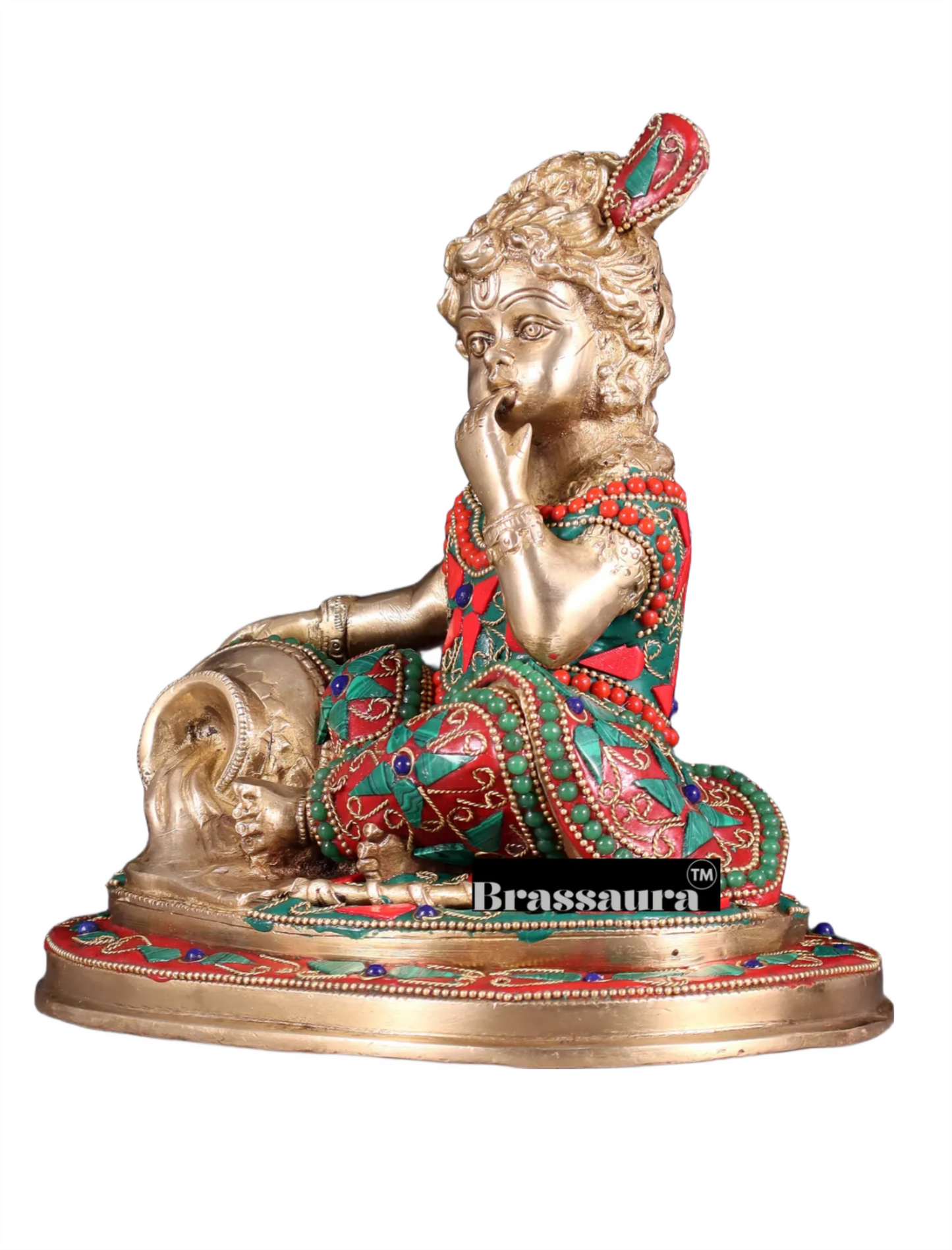 Brassaura™ Pure Brass Baby Krishna Makhan Chor Idol with Meenakari Stonework – Height 8 Inches & Weight 3.5 Kgs