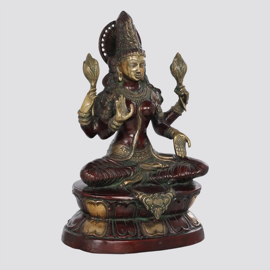 Brassaura™ Seated Lakshmi Devi | Brass Statue with Dual Lotus | Height 17.1 Inches & Weight 10.50 kgs