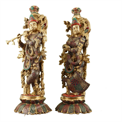 Brassaura™ Handcrafted Radha Krishna Brass Idols – 26 Inch Height, 40 Kg | South Indian Style with Lotus Base