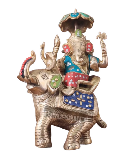 Handcrafted Brass Ganesha on Ambari with Meenakari Stonework – Height 9.5 Inches, Weight 3 Kgs