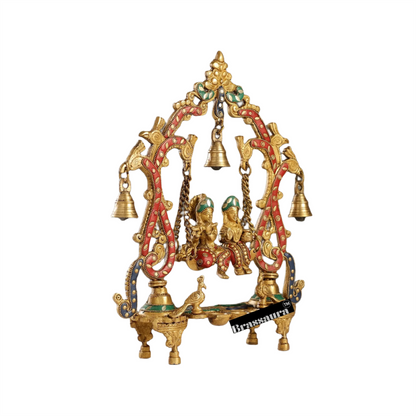 Brassaura™ Brass Radha Krishna on Swing with Diyas, Peacocks & Bells – Height 13.5 Inches & Weight 2.4 Kgs | Elegant Devotional Idol